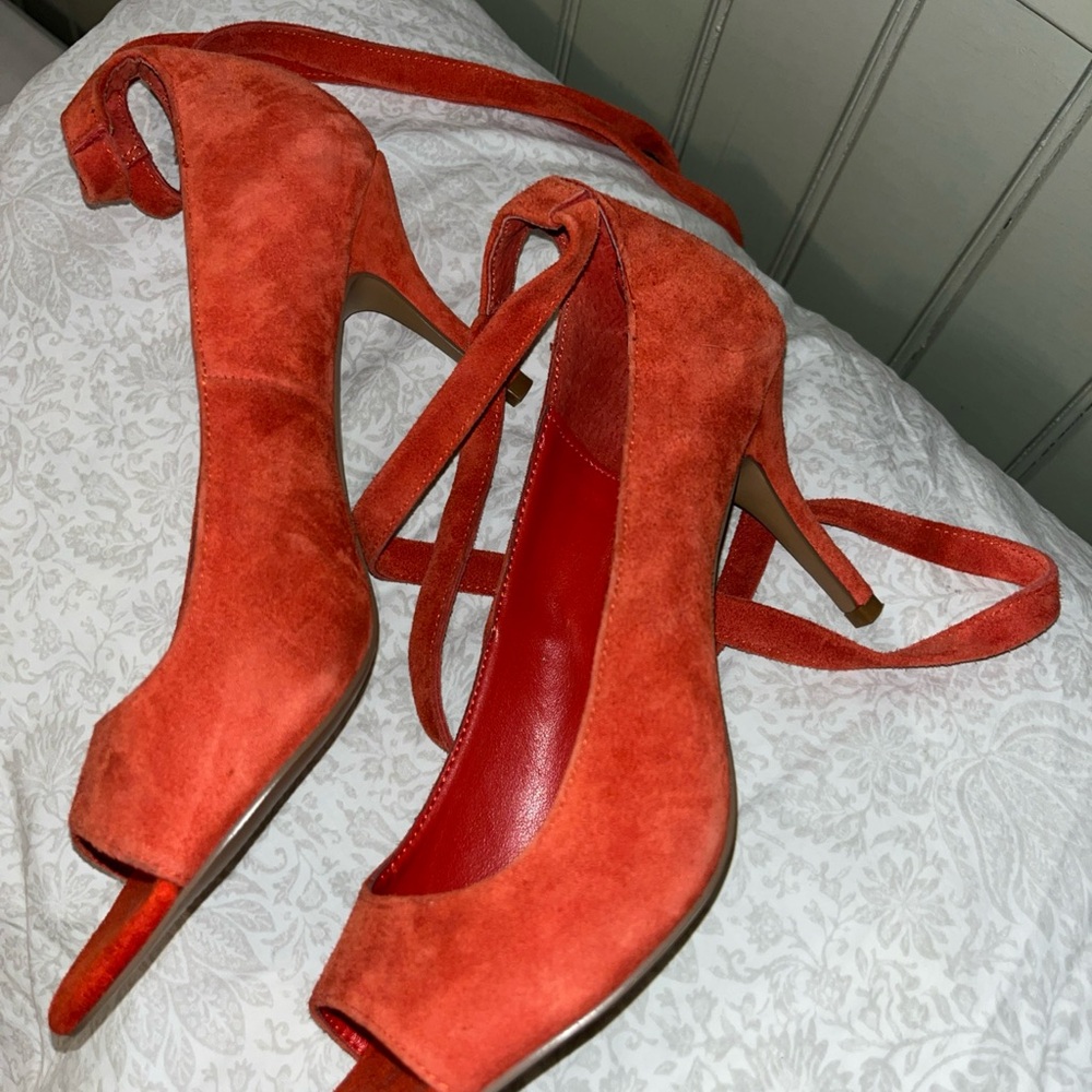 Saks Fifth Avenue red Suede Peep-Toe Wrap Heels